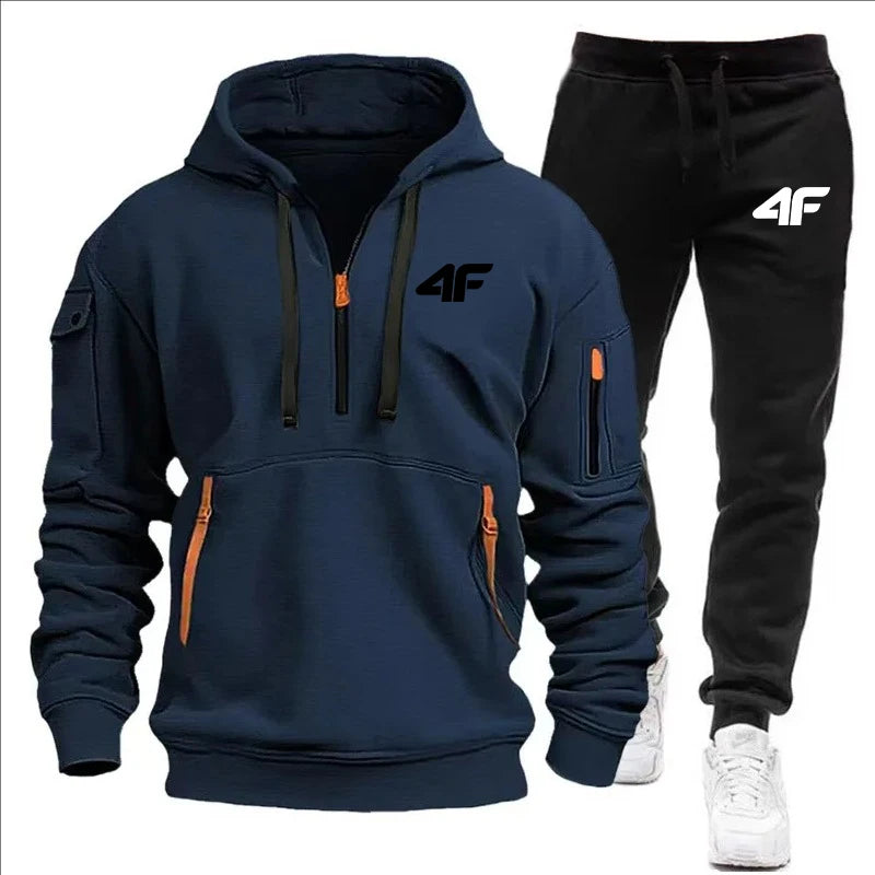 Men's tracksuit zipper hood multi-pocket and protective pants casual jogging tracksuit fall/winter 2-piece setLarge size S-3XL