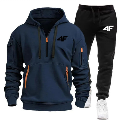 Men's tracksuit zipper hood multi-pocket and protective pants casual jogging tracksuit fall/winter 2-piece setLarge size S-3XL