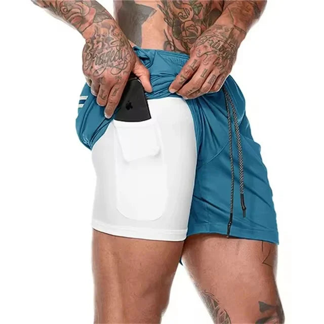 Calções esportivos de bolso embutido de fitness masculino verão 2 em 1 secagem rápida ginásio praia shorts correndo shorts de dois andares malha moletom