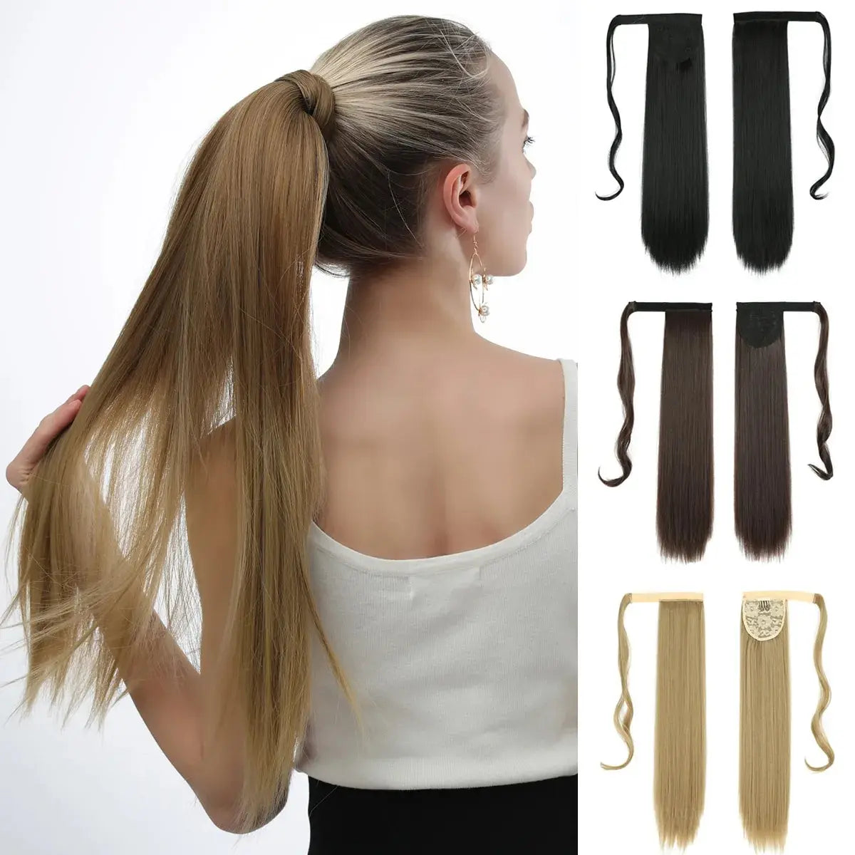 22 Polegada extensões de cabelo de rabo de cavalo reto sintético resistente ao calor envoltório em torno de pônei peruca para uso diário feminino