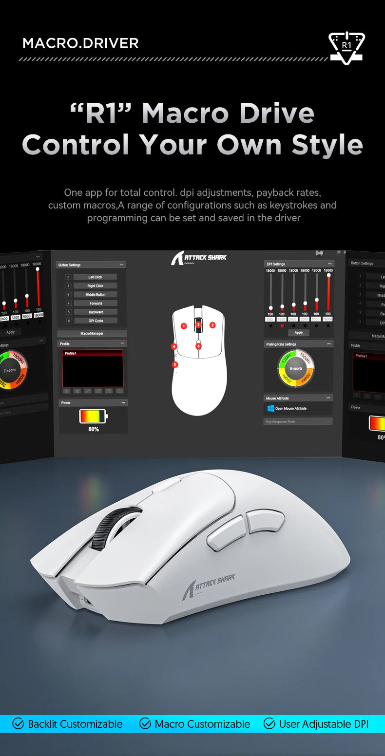 Ratón Bluetooth Attack Shark R1, 18000 dpi, PAW3311, conexión inalámbrica trimodo, ratón para juegos macro