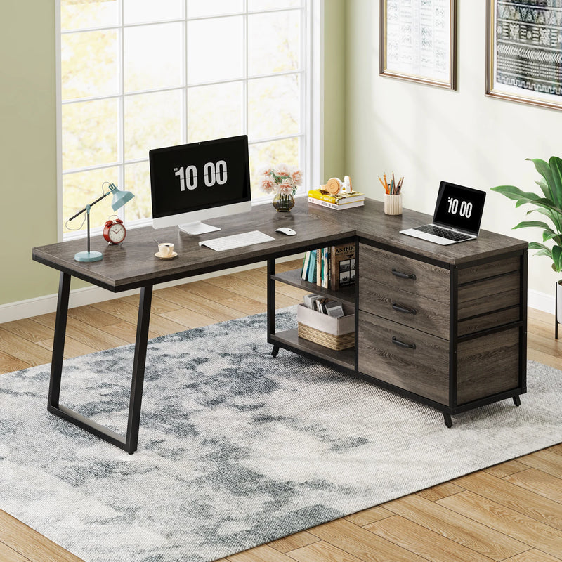 Tribesigns L-Shaped Computer Desk with 3 Drawers, Reversible Corner Home Office Desk with Shelves, 53-Inch Industrial PC Desk St