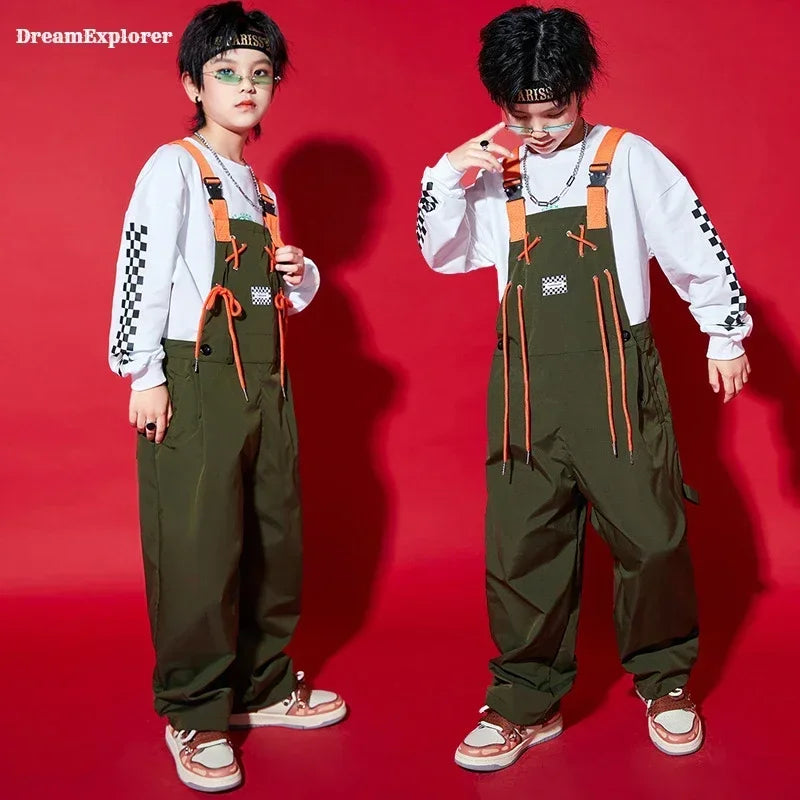 Boys Hip Hop Loose Overalls Girls K-pop Cargo Pants Kids Dungaree Joggers Children Jumpsuit Street Dance Romper Teen Streetwear