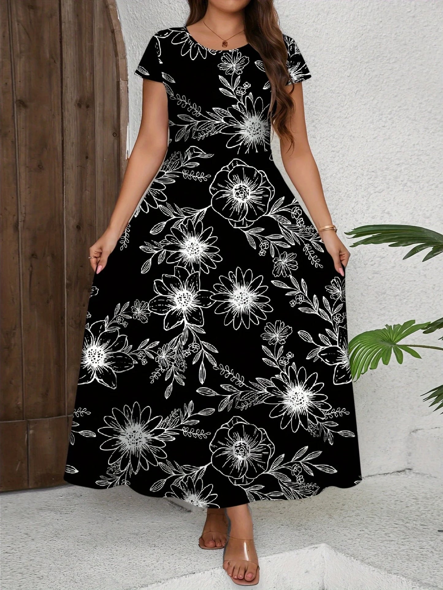 Vestido feminino plus size de manga curta com gola redonda, saia longa estampada floral, saia casual de praia, bainha grande