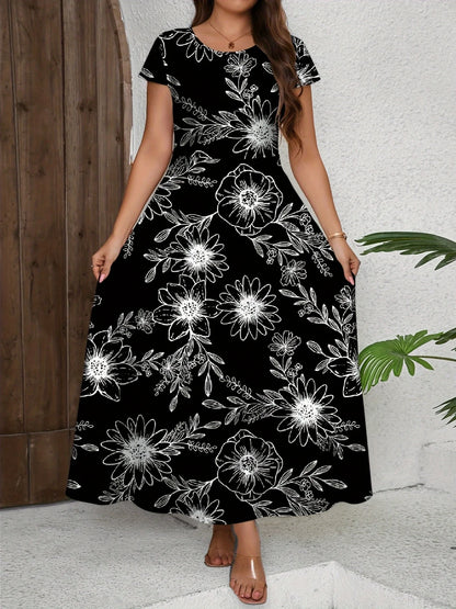 Vestido feminino plus size de manga curta com gola redonda, saia longa estampada floral, saia casual de praia, bainha grande