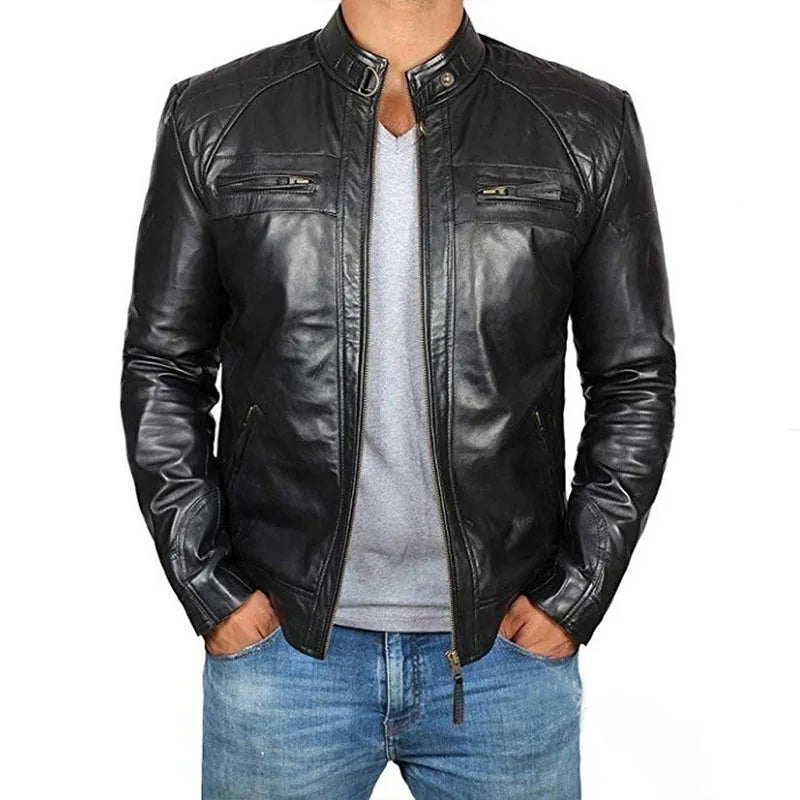 2023 Men Leather Jacket Teenagers Stand Collar Punk Men Motorcycle Leather Jacket Brown Leather Jacket