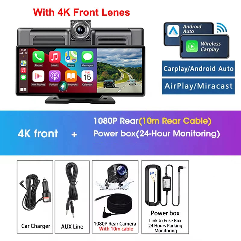 Srnubi 10.26" Dash Cam Rearview Carplay Android Auto 4K DVR Navigation Player Dual Lens Recorder Dashboard WIFI BT