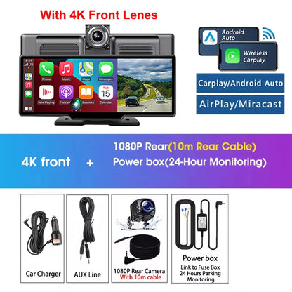 Srnubi 10.26" Dash Cam Rearview Carplay Android Auto 4K DVR Navigation Player Dual Len Recorder Dashboard WIFI BT