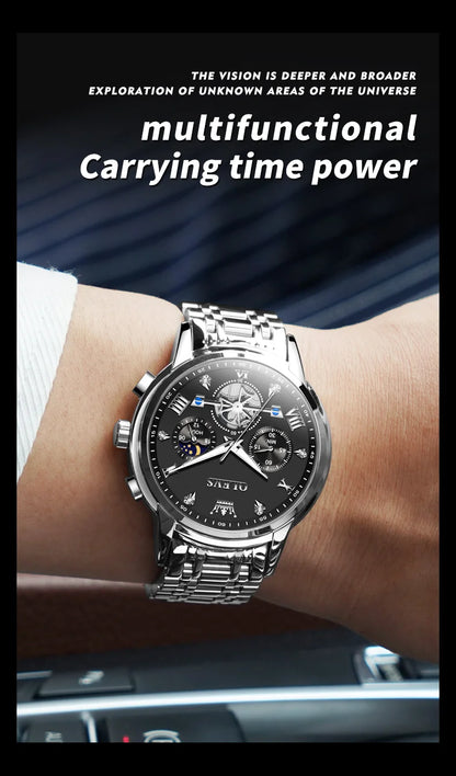OLEVS 2856 New Men's Watches Luxury Classic Flywheel Design Waterproof Chronograph Moon Phase 24 Hour Quartz Wrist Watch for Men