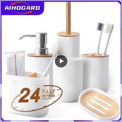 Bathroom Accessories Set Designer Soap Lotion Dispenser Toothbrush Holder Soap Dish Tumbler or wood Bottle Cup Black/White/gray