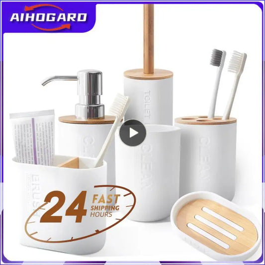 Bathroom Accessories Set Designer Soap Lotion Dispenser Toothbrush Holder Soap Dish Tumbler or wood Bottle Cup Black/White/gray