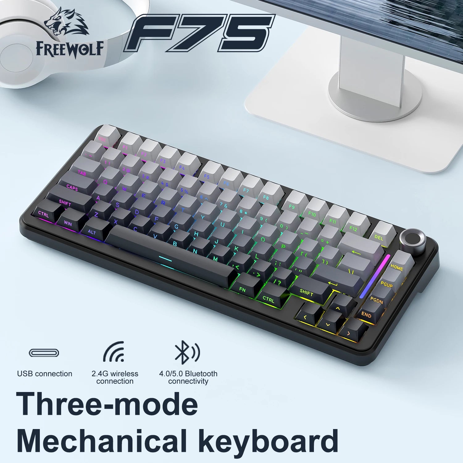 75% Hot-Swap Gaming Keyboard, Wireless FREEWOL F75 RGB Mechanical Keyboard with Metal Knobs, AULA F75 Same Model, Tri-Mode, 4000 mAh