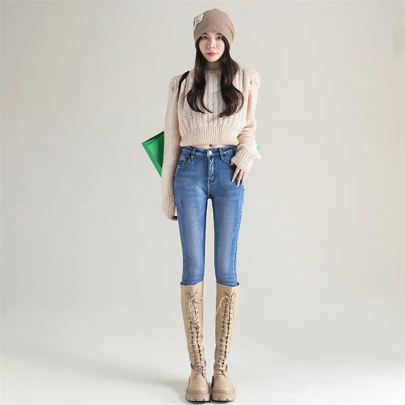Women's Thermal Jeans Winter Snow Warm Plush Stretch Jeans Lady Skinny Thick Fleece Denim Long Pants Retro Blue Pencil Trousers