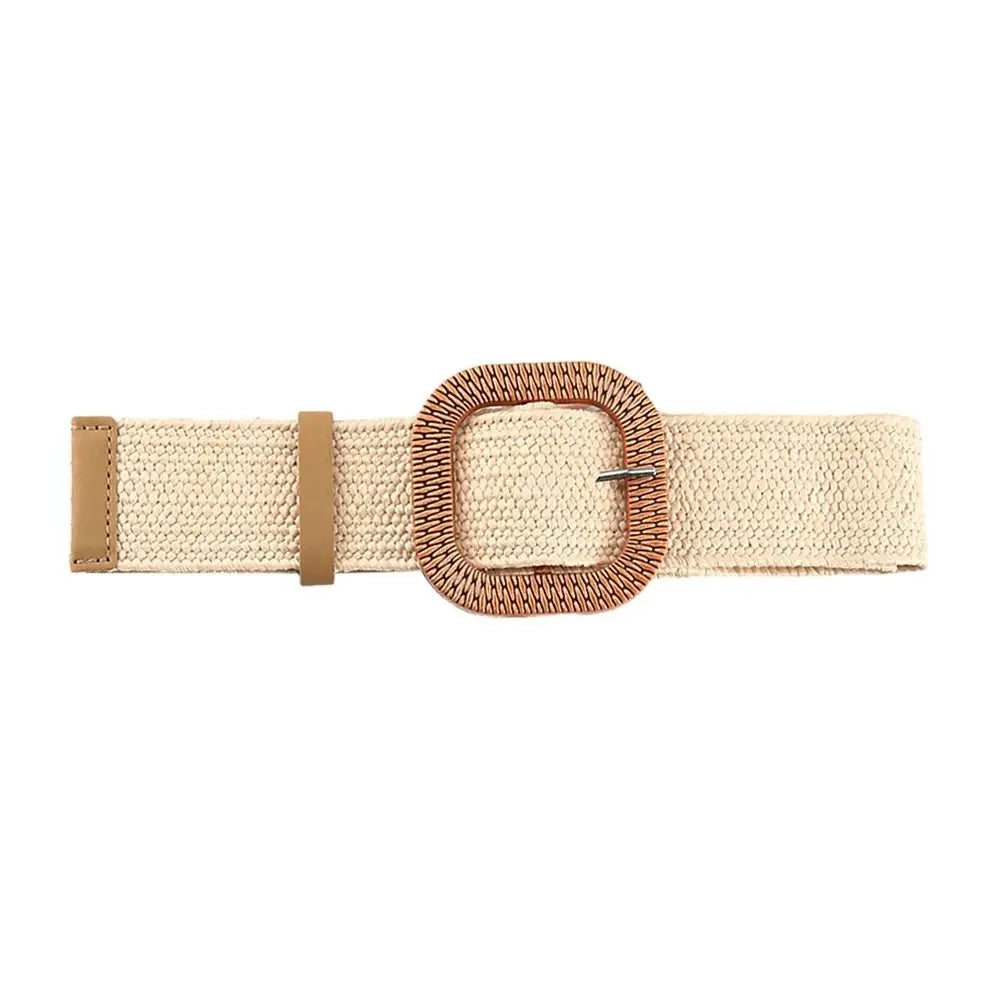 Summer Fashion Women Straw Belt Casual Bohemian Wide Summer Braided Waistbelt  Buckle Elastic Female Straw Waist Belt