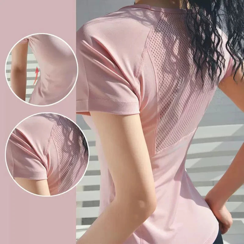 Camiseta deportiva de manga corta para mujer, cuello redondo, malla transpirable de secado rápido para yoga y fitness. 