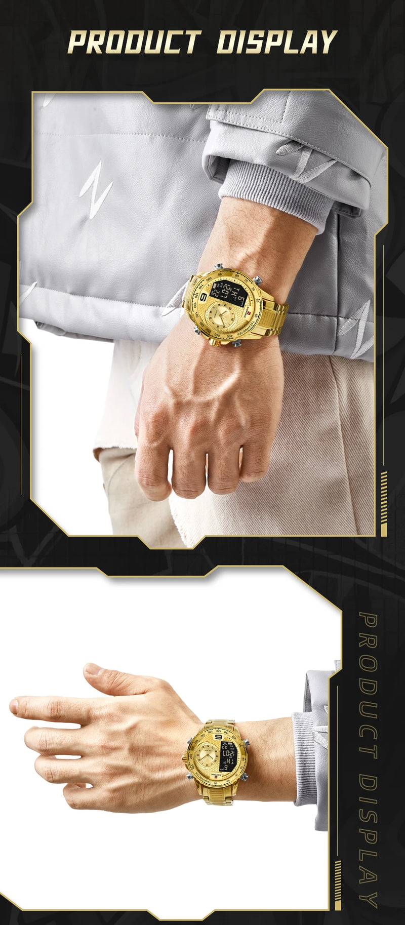 NAVIFORCE Luxury Quartz Watch for Men Honeycomb Dial Design Stainless Steel Wristwatch Dual Display Digital Watches Male Clock