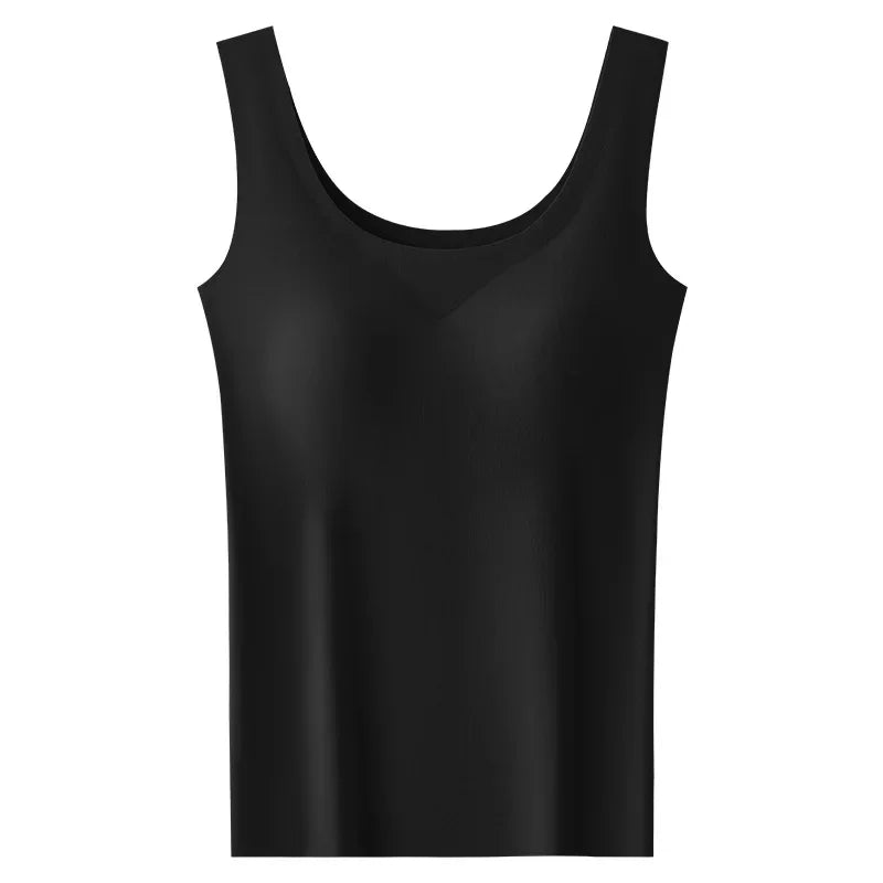 2 piezas/lote de camiseta sin mangas de seda sin costuras con almohadilla fija en el pecho para mujer, camisola sin mangas, ropa interior exterior, camisola de verano de alta elasticidad