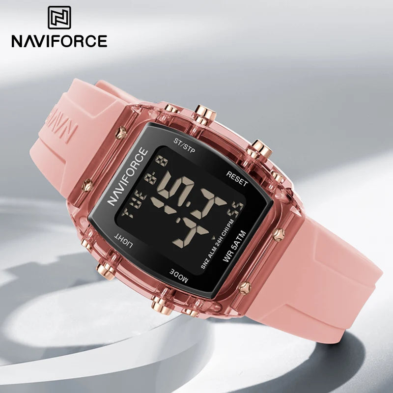 Relojes NAVIFORCE para mujer, con movimiento digital LCD, reloj de moda para mujer, resistente al agua hasta 50 m, correa de silicona, relojes de pulsera deportivos electrónicos.