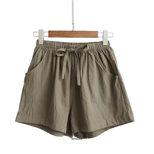 Pantalones cortos casuales de verano de talla grande 6XL 150 kg, de algodón y lino, para mujer, pantalones cortos de playa vintage de cintura alta, ropa de calle.