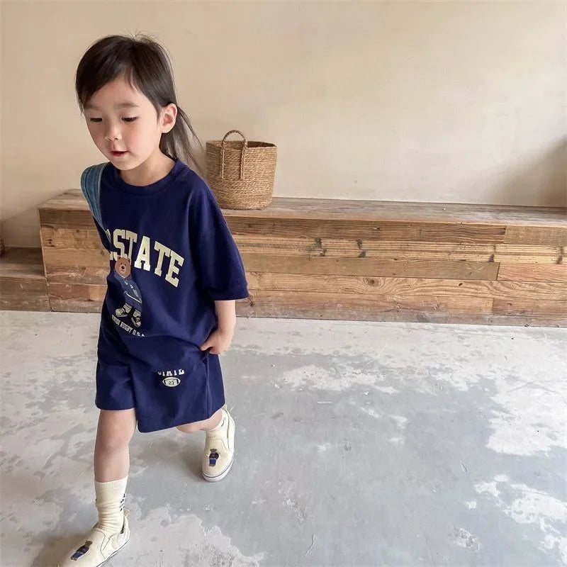 2pcs Summer Baby Clothes Set Children Boy Girl Cartoon Bear T-shirts and Shorts Suit Kid Casual Top Bottom Outfits Tracksuits