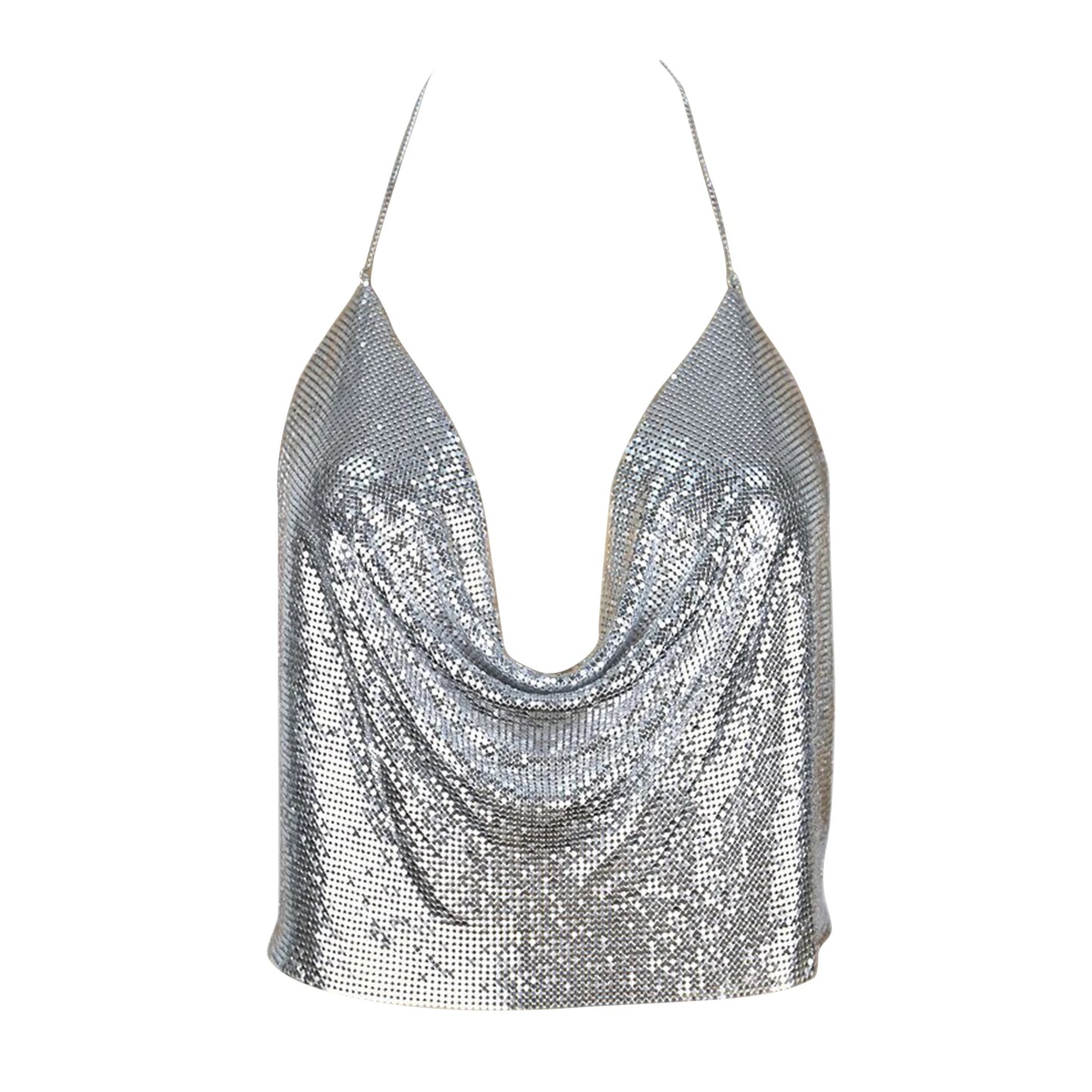 Camisola ClubWear para mujer, ropa de calle Y2k, top corto con lentejuelas metálicas, espalda descubierta, cinturón acolchado, top halter ajustable
