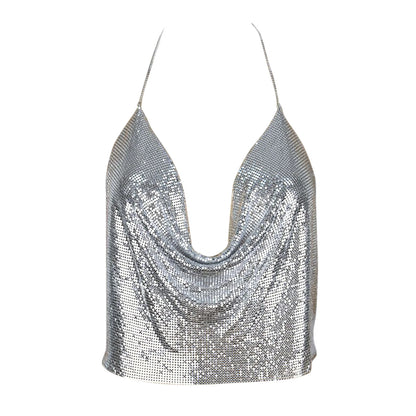 Camisola ClubWear para mujer, ropa de calle Y2k, top corto con lentejuelas metálicas, espalda descubierta, cinturón acolchado, top halter ajustable