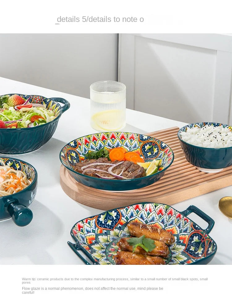 1Pcs Bohemia Retro Ceramic Dinner Plates Sets Food Plate Household Tableware Set Breakfast Plates Salad Soup Bowls Dinnerware