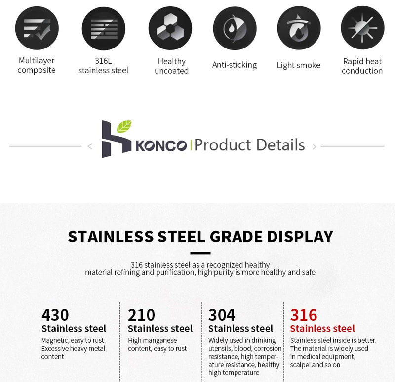 316 Stainless Steel Frying Pan 20cm Uncoated Wok Pan Non Stick Pots Household Cooking Pot Kitchen Cookware Steak Frying pan