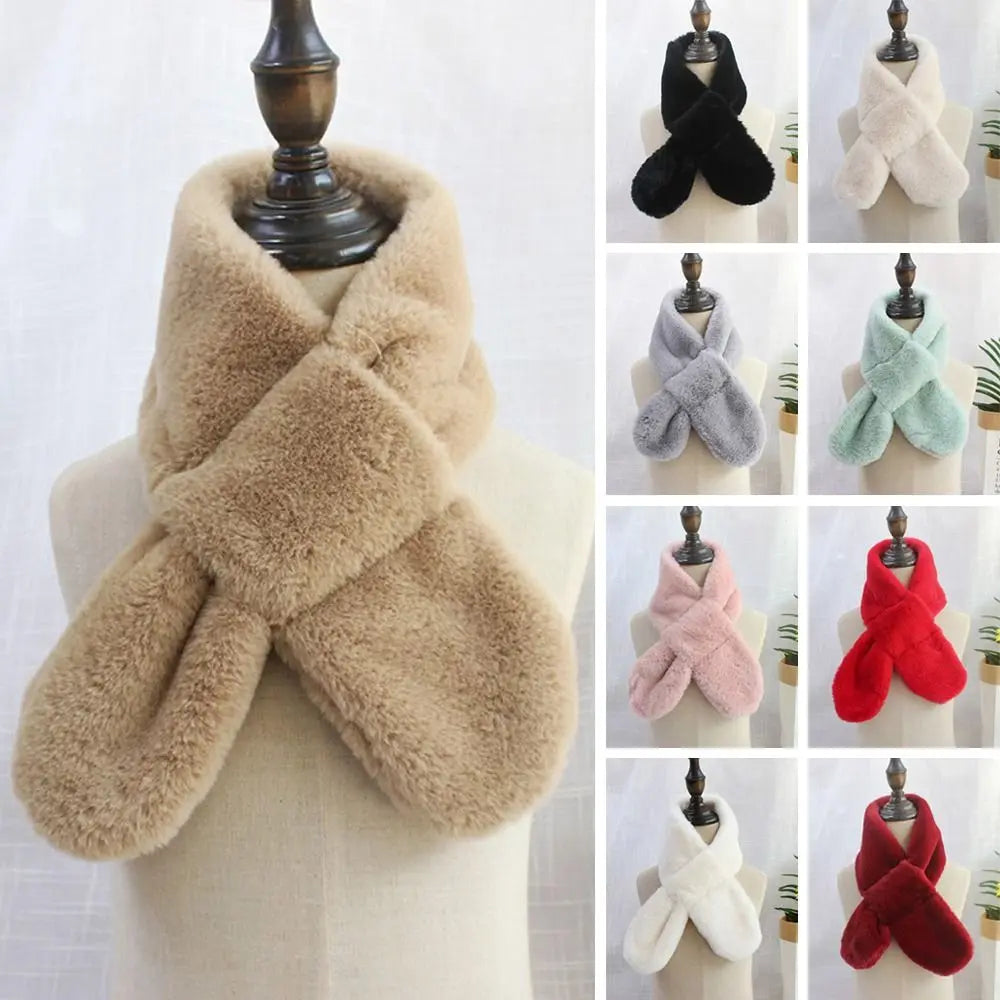 Children Boys Girls Winter Warm Thicken Cross Collar Scarf  Solid Color Faux Rabbit Fur Plush Cute Shawl Scarfs