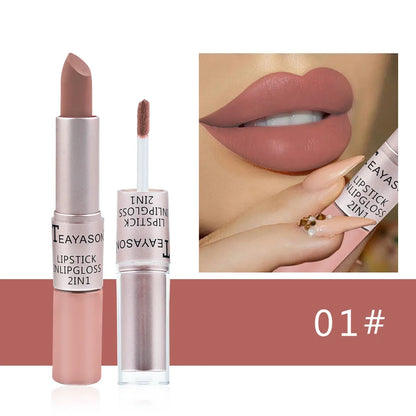 Lápiz labial mate aterciopelado de larga duración, brillo labial de doble cabezal, taza antiadherente, brillo labial, tinte voluminizador, lápiz labial resistente al agua, maquillaje