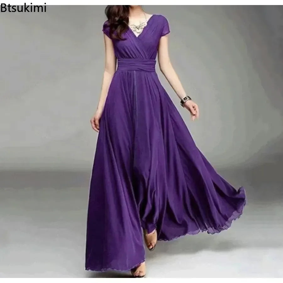 2026 Women's V Neck Short Sleeve Evening Party Dress Temperament Solid Colour Long Cocktail Chiffon High Waist Summer Dresses