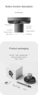 2024 New Portable Tripod Camping Fan 10000mAh USB Rechargeable Multifunctional Mini Outdoor Tent Wireless Ceiling Electric Fan