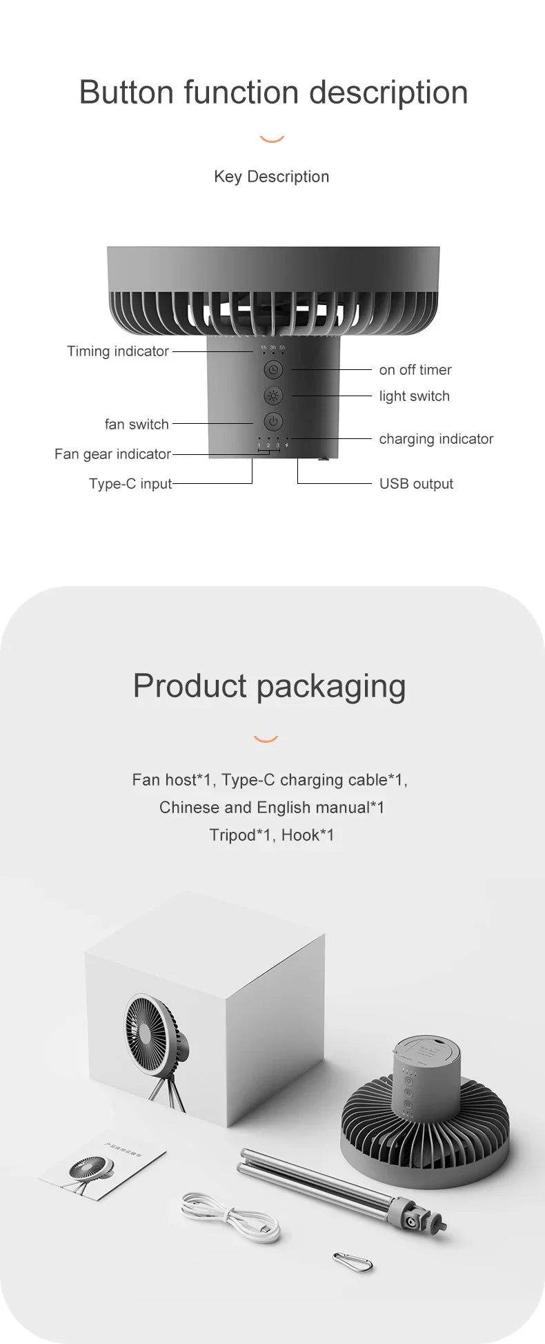 2024 New Portable Tripod Camping Fan 10000mAh USB Rechargeable Multifunctional Mini Outdoor Tent Wireless Ceiling Electric Fan