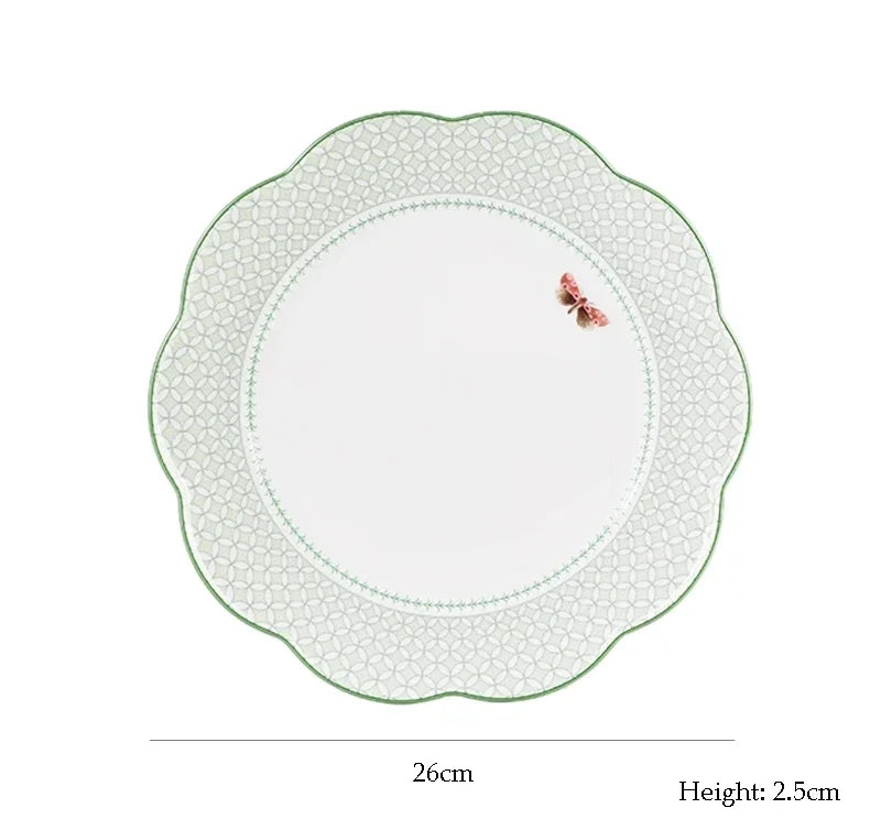 Ceramic Plate Household Bone China Dinner Plate Set Vintage Green Flower Dishes Tableware Oval Large Tray Dinnerware Sets