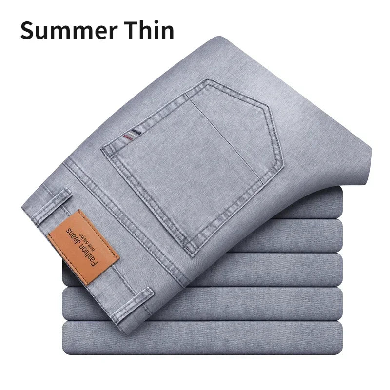 2024 Brand Thin or Thick Material Men's Elastic Cotton Jeans Fashion Gray Comfortable Denim Business Casual High Waist Pants