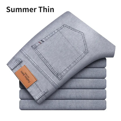 2024 Brand Thin or Thick Material Men's Elastic Cotton Jeans Fashion Gray Comfortable Denim Business Casual High Waist Pants