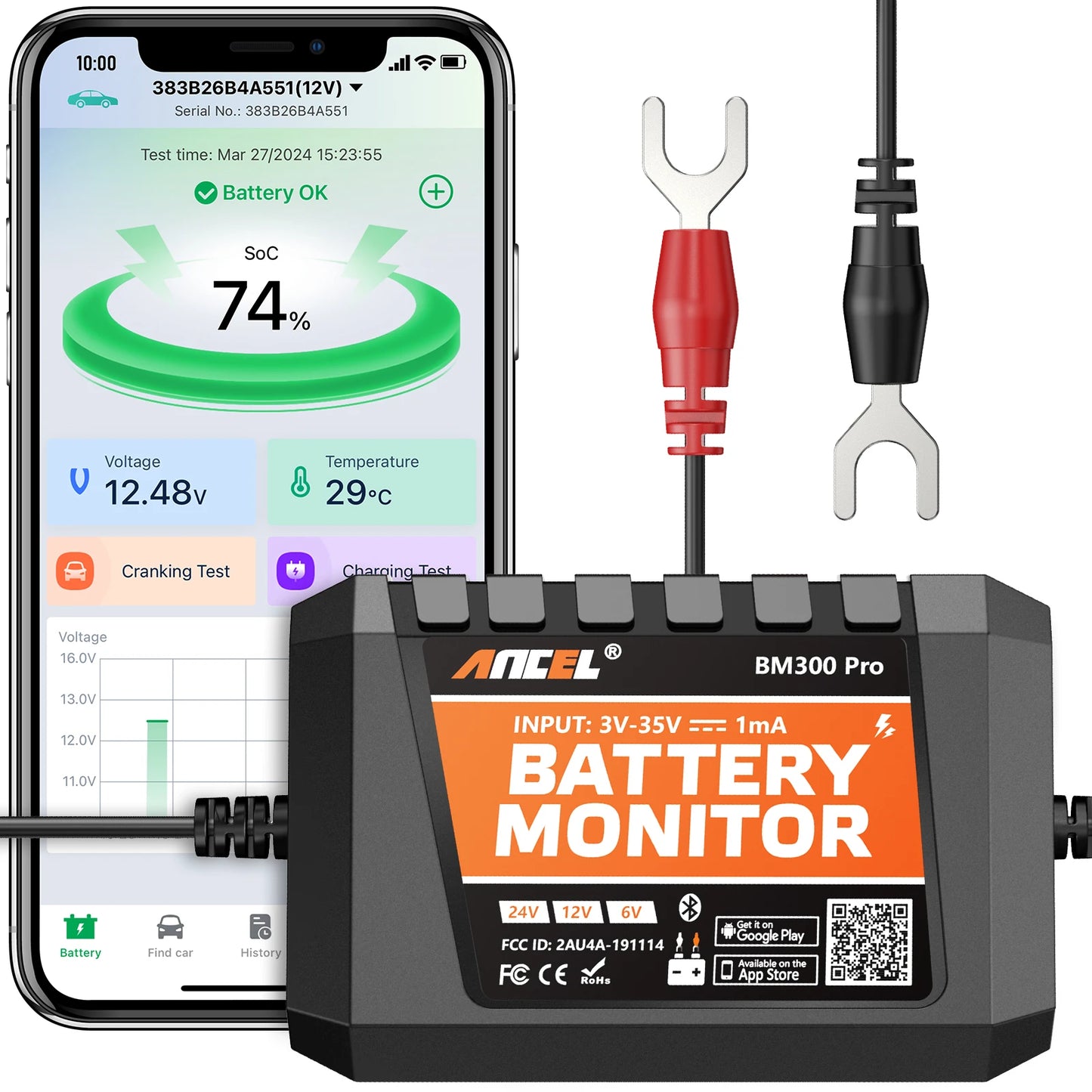 2024 New ANCEL BM300 Pro 6V/24V/12V Battery Tester Battery Monitor SOC Battery Health Analyzer Tool IOS Andoird