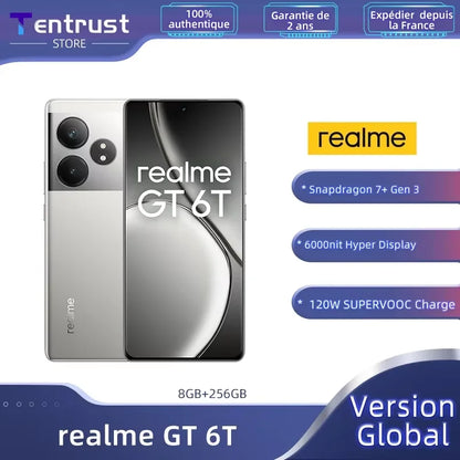 Global Version realme GT 6T 5G Smartphone 6000nit Hyper Display 120W SUPERVOOC Charge Snapdragon 7+ Gen 3 5500mAh Battery 50MP