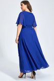Flycurvy Plus Size Formal Royal Blue Chiffon Ruffle Sleeve Lace-Up Tunic Maxi Dress