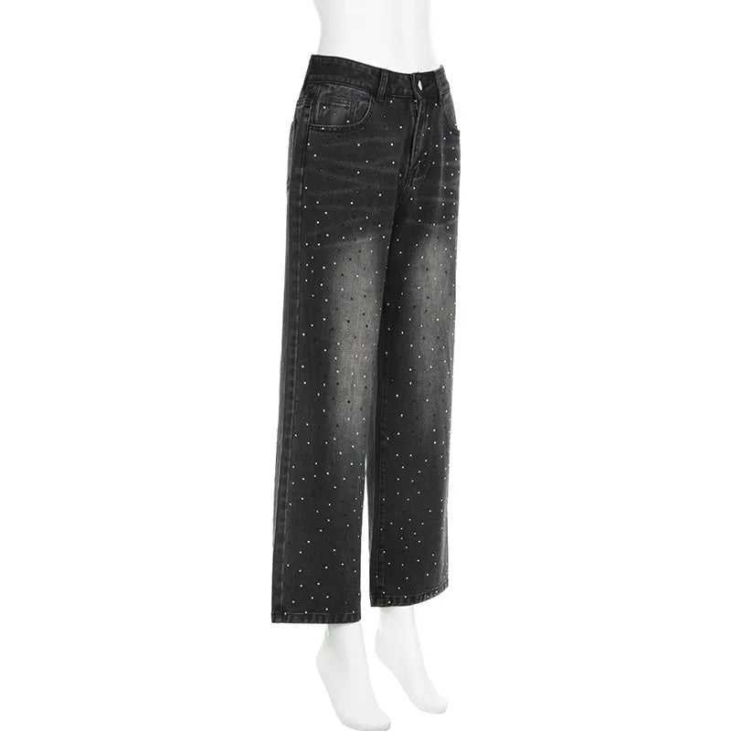BKQU - Pantalones vaqueros rectos y holgados para mujer, cintura alta, pierna ancha, con diamantes de imitación, largos, moda urbana 2021, pantalones brillantes con diamantes