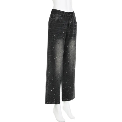 BKQU Straight Baggy Jeans Women High Waist Wide Leg Rhinestones Denim Long Pants 2023 Fashion Streetwear Diamonds Shinny Trouser