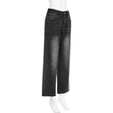 BKQU - Pantalones vaqueros rectos y holgados para mujer, cintura alta, pierna ancha, con diamantes de imitación, largos, moda urbana 2021, pantalones brillantes con diamantes