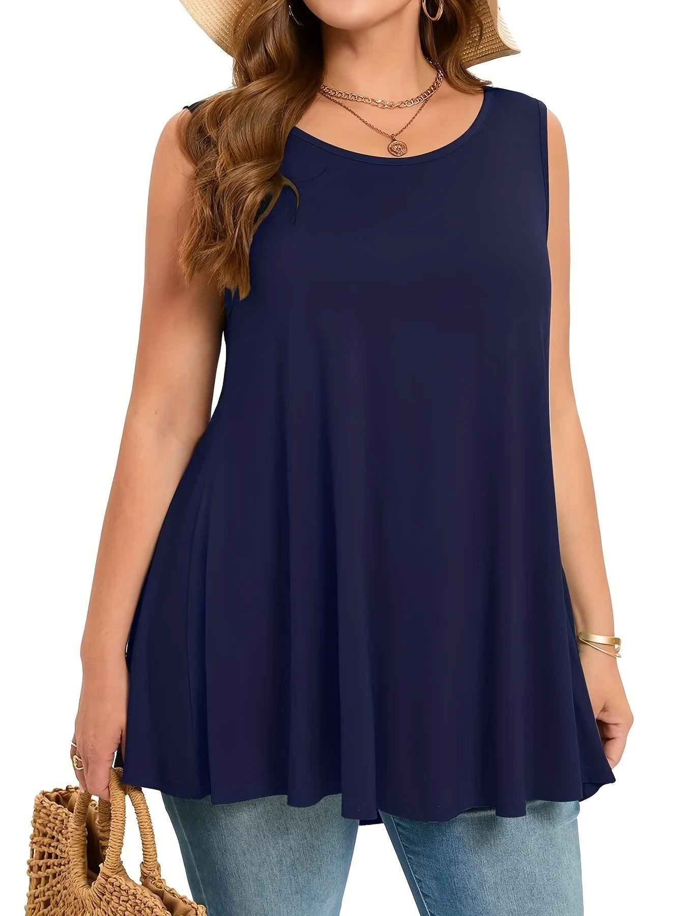 Plus size simples sólido regata casual tripulação pescoço sem mangas regata para o verão roupas femininas plus size