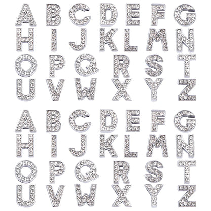 52 pçs/caixa encantos deslizantes de liga de zinco ecológicos com strass banhado a platina letra A ~ Z cristal 12x3 ~ 12x4,5mm Furo: 8x2mm