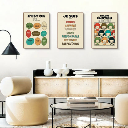 Social Psychology Affirms Children's "I Am" French Canvas Print Rainbow Mental Health Wall Art Poster for Classroom School Decor