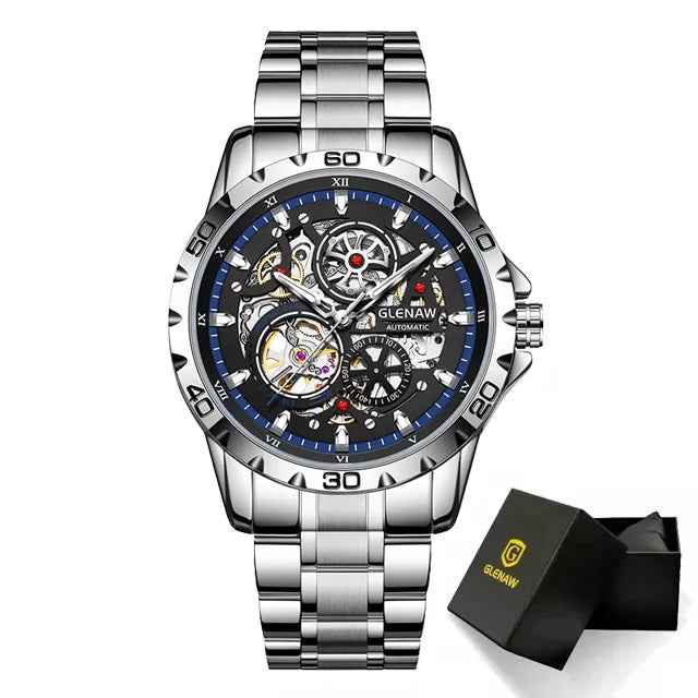 GLENAW Steampunk Skeleton - Reloj para hombre, anillo, relojes mecánicos automáticos de lujo, luminosos, resistentes al agua, correa de acero inoxidable