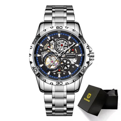 GLENAW Steampunk Skeleton - Reloj para hombre, anillo, relojes mecánicos automáticos de lujo, luminosos, resistentes al agua, correa de acero inoxidable
