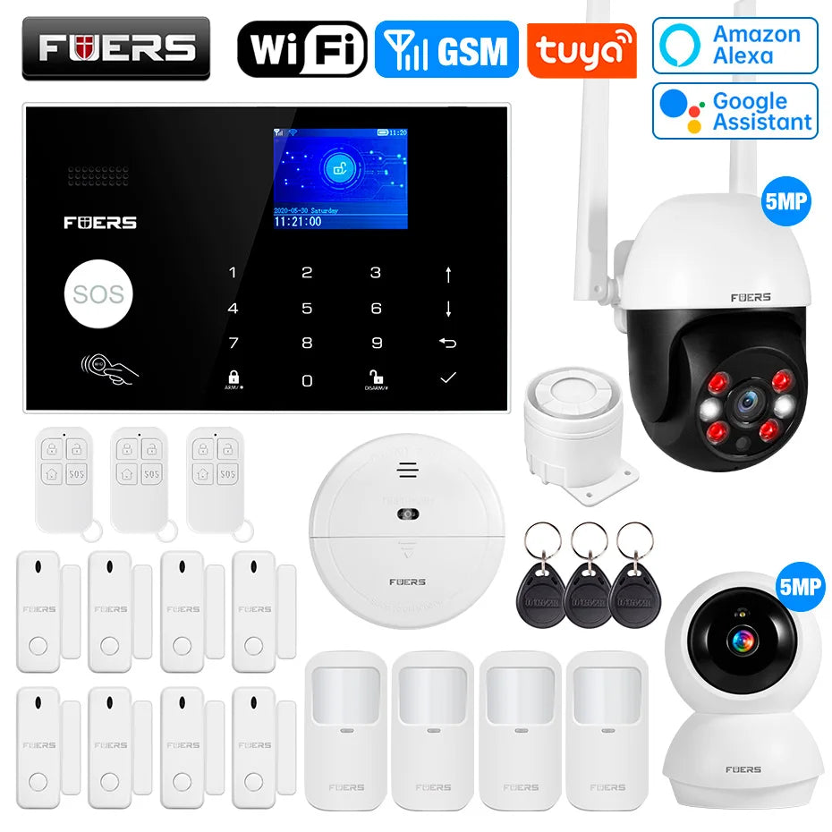 FUERS WIFI GSM Alarm System Wireless Home Burglar Security Alarm System Tuya APP Control Siren Motion Detector PIR Smoke Sensor