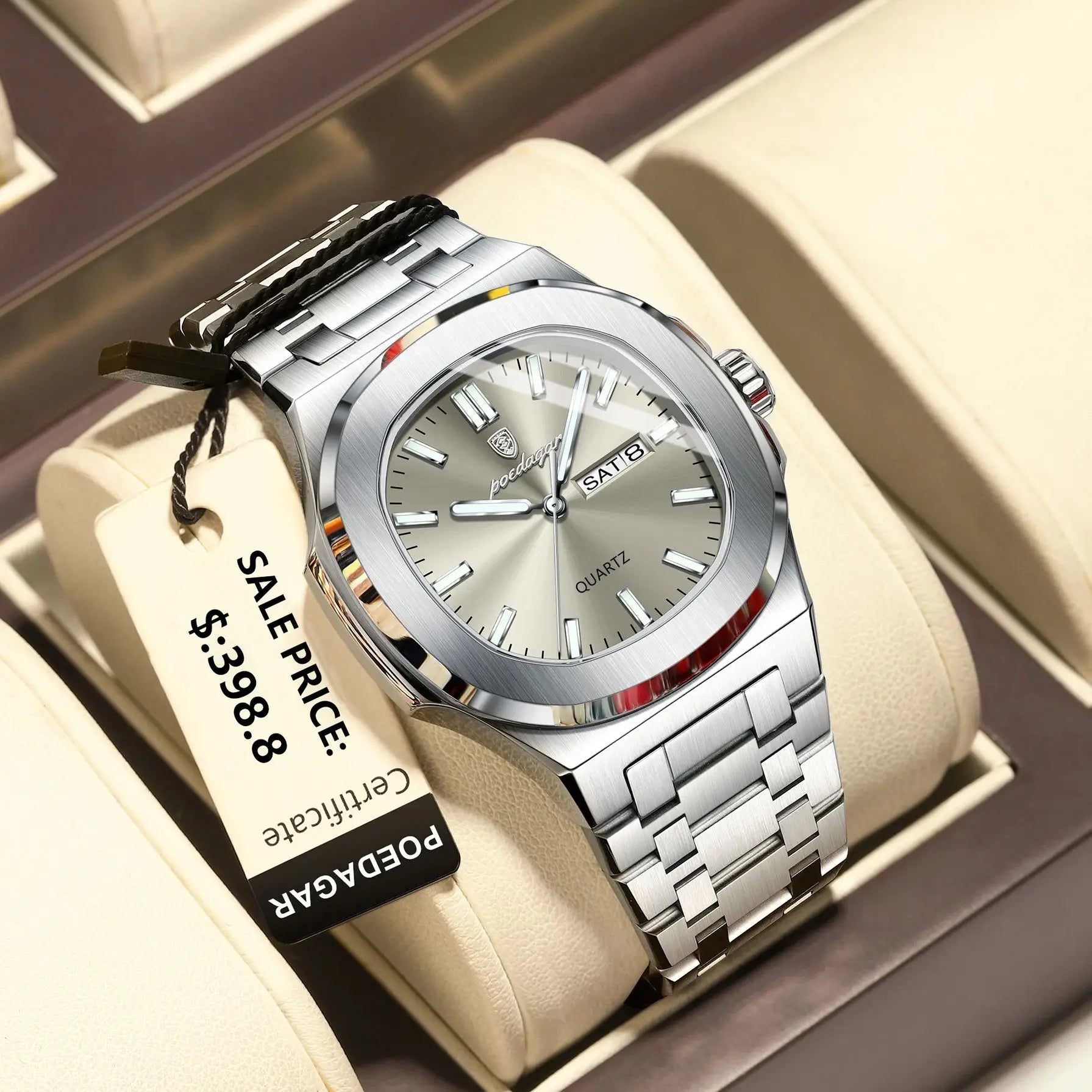 POEDAGAR Luxury Military Men's Watch Square Waterproof Luminous Date Week Men Watch Stainless Steel Quartz Men's Watches Reloj+box