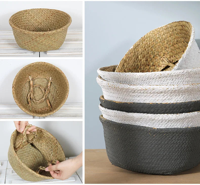 Storage Baskets Straw Wicker Rattan Hanging Flowerpot Seagrass Folding Laundry Clthoes Baskets Garden Plant Basket Home Decor